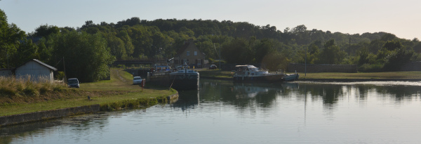 Canal boat Evening rest at the berth near Berry au bac during boating holiday in France 