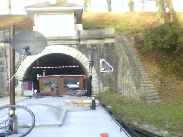 With the boat after a passage through a tunnel in the north France canal system