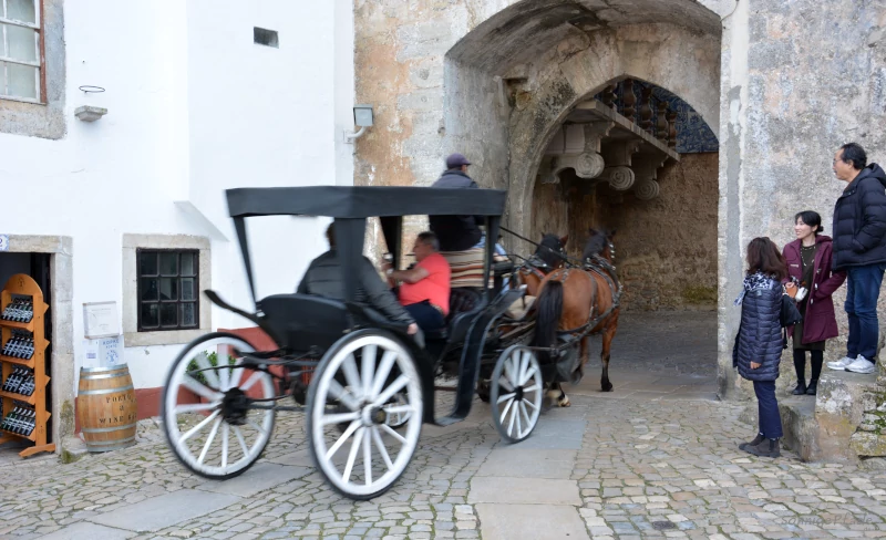 Horse driven carriage at the town gate of Obidos in Portugal