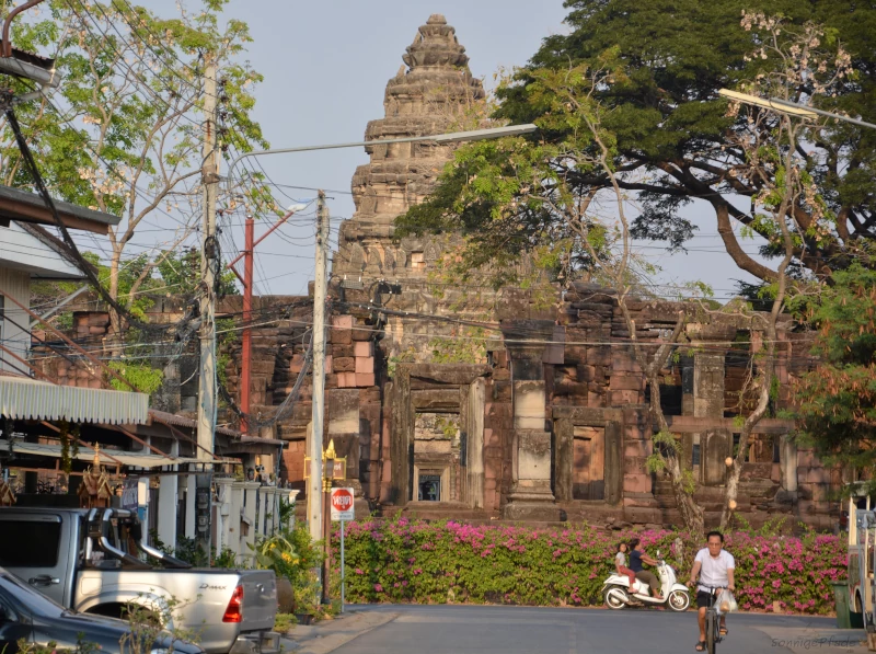 Phimai main temple seen from west in the dawn red