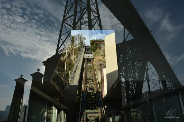 Hilltrain station with reflective steel bridge Ponte Luis I