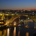 Porto steel bridge Luis I over the Douro river in the "blue hour"