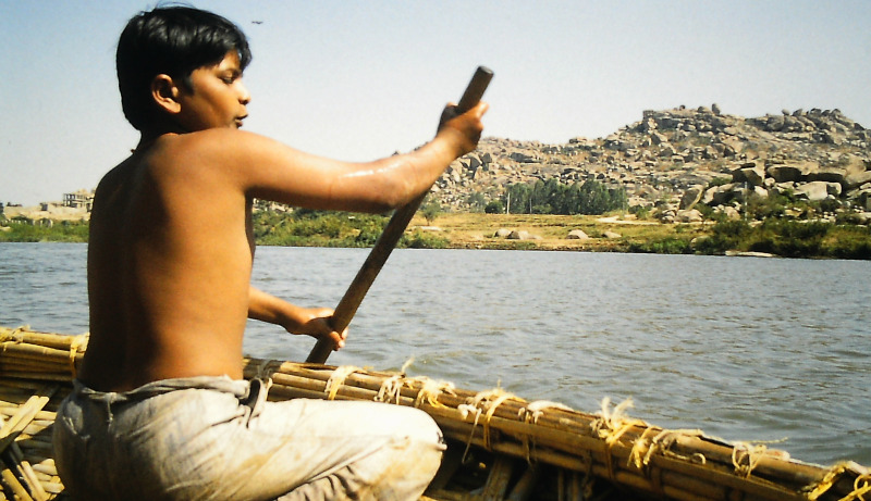 With a patty boat across the Thungabadra river near Vijayanagar (Hampi) in India
