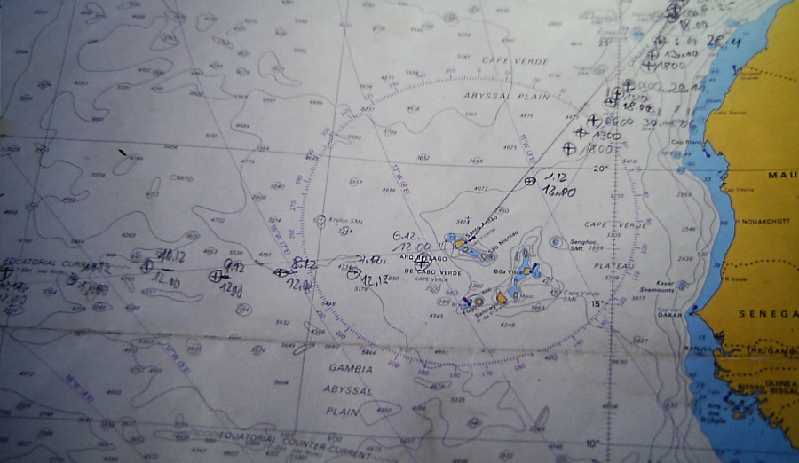 Atlantic Sea chart with ship location – entries