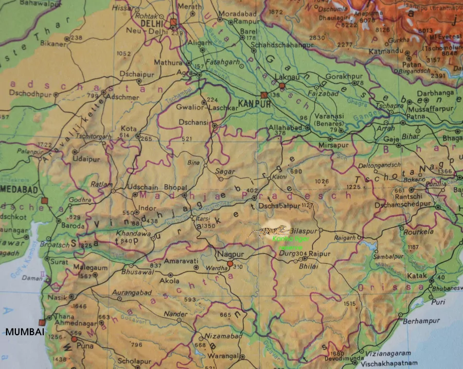 Map northern India shows Kanha tiger reserve and national park