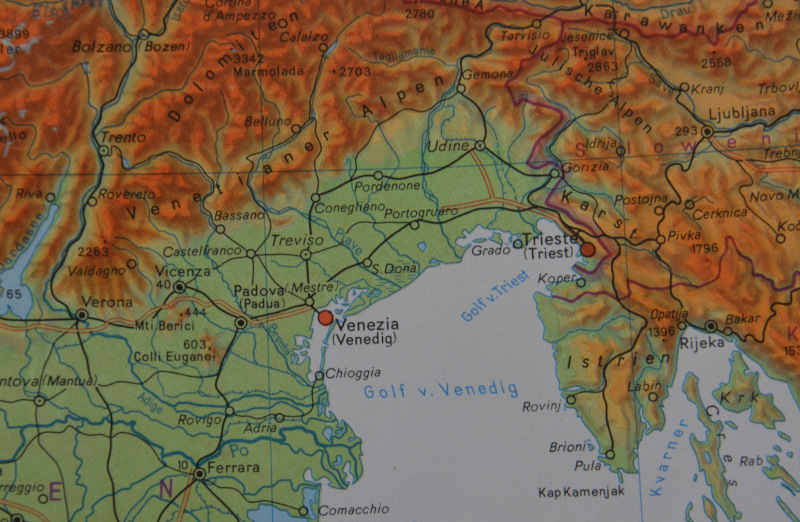 Physical map Venice and Venetia region in the north of the Adriatic sea
