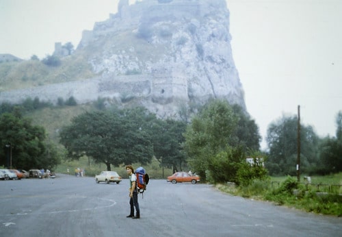 Bratislava, Slovakia 1989: East german youngster in front of Devin castle ruins