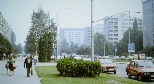 Prefabricated building district in Brasov, Romania year 1989 with Dacia cars