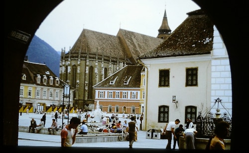 Romania 1989, Brasov: view over the market place to the Black church