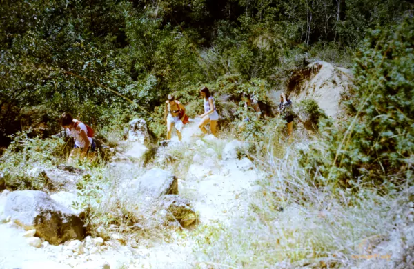 Summer 1989: East german youth group is hiking between the sandstone hills near Melnik in southern Bulgaria