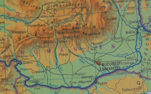 Map of Southern Romania with Carpatian Mountains, Bucuresti and Danubia