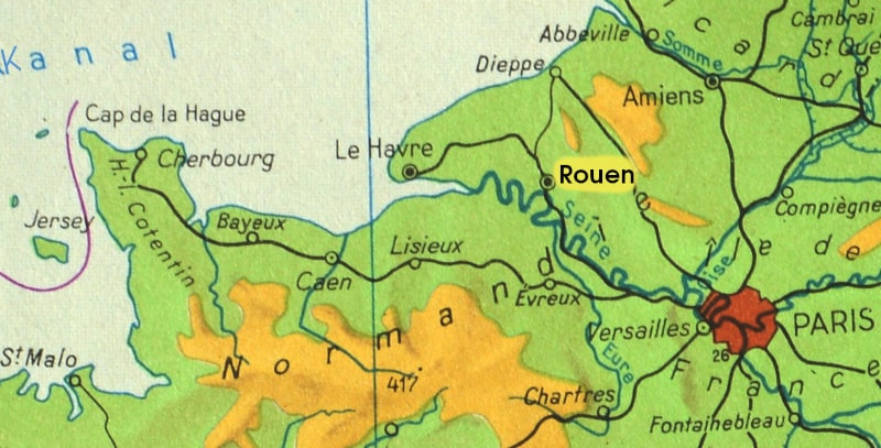 Map Northern France with Paris, Rouen and Normandy coast