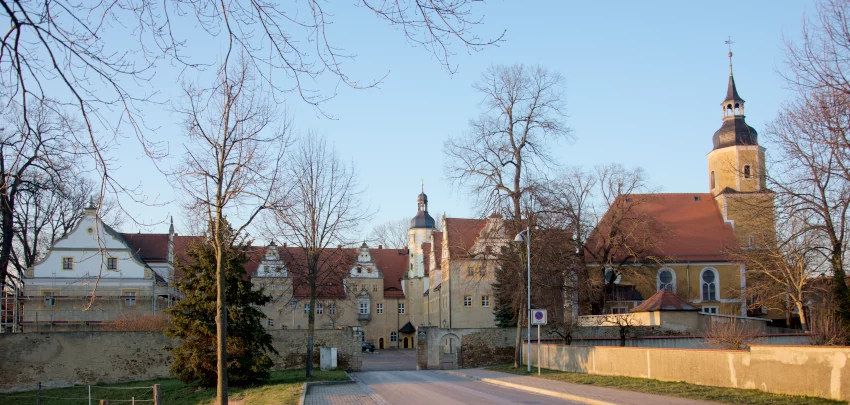 East German Saxony: Old Renaissance Hunting lodge and village church in Wermsdor